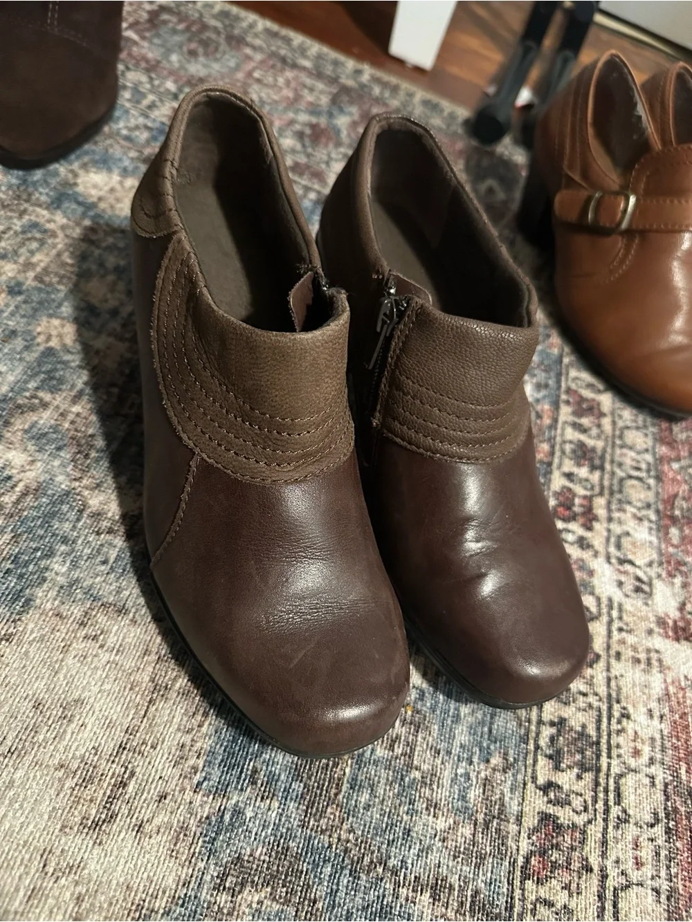 Clarks Brown Leather Ankle Boots Block Heel Side Zip Stitched Detail